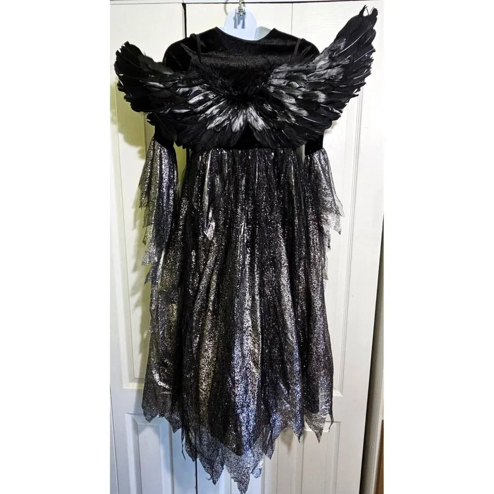Dark Fallen Gothic Angel Costume Girls 8-10 Witch Dress Wings Halo Black Velvet - Picture 4 of 7
